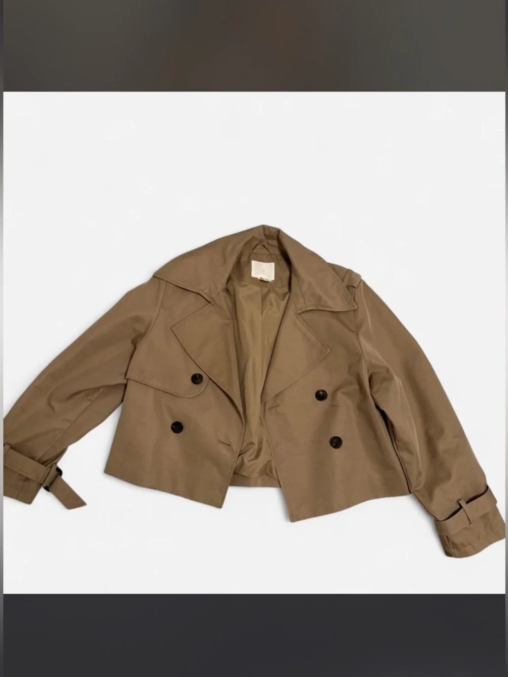 H&M Cropped Trench Jacket Beige Double Breasted Minimal - Picture 2 of 5